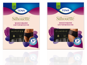 TENA Silhouette waschbare Unterwäsche auf einer Wäscheleine zwischen einer skizzierten Bluse und einem BH. TENA Silhouette waschbare Unterwäsche auf einer Wäscheleine zwischen einer skizzierten Bluse und einem BH.