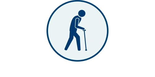  Simpel pictogram van een oudere persoon die loopt met een wandelstok, zichtbaar in een rond frame.
