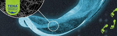 Radiographie d’une serviette d’incontinence, montrant un détail des fibres du noyau absorbant de la serviette 
