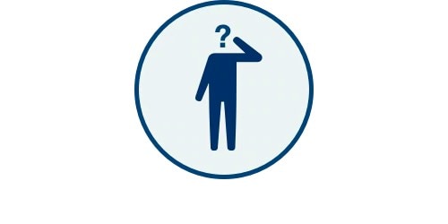 أيقونة دائرية بإطار أزرق، يظهر بداخلها ظل لشخص يضع يده على رأسه مع علامة استفهام أعلاه، تعبيراً عن الحيرة أو التساؤل.