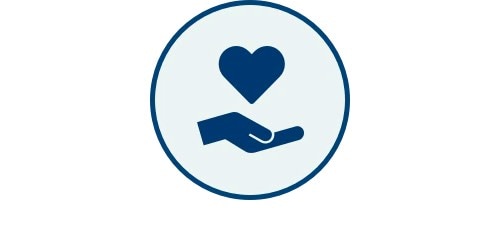 Pictogram van een hand die een hart vasthoudt. Dit symboliseert zorg en compassie, in een rond frame.