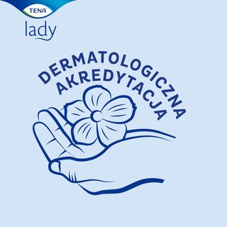Dłoń trzymająca kwiat z napisem "Dermatologiczna Akredytacja" na tle logo TENA Lady.