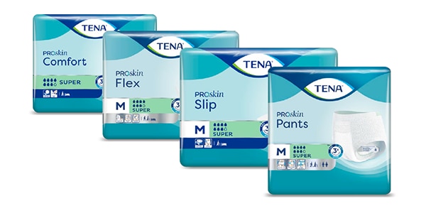Het volledige assortiment TENA incontinentieverbanden dat geschikt is voor de TENA SmartCare Change Indicator