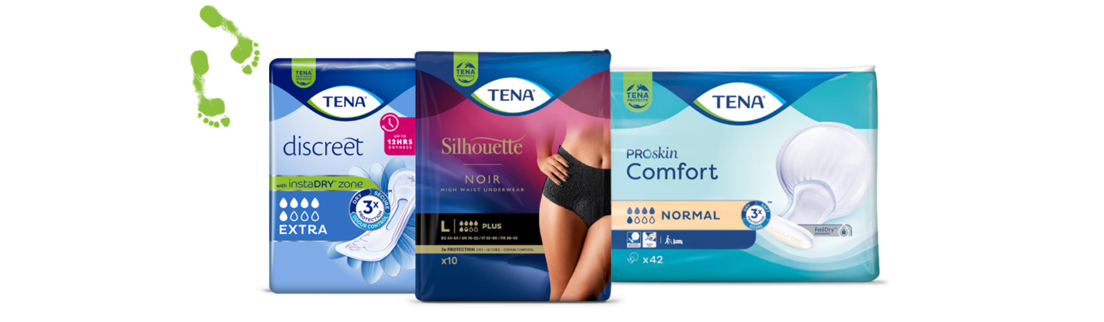 Confezioni di prodotti TENA: TENA Discreet, TENA Silhouette Noir e TENA ProSkin Comfort - TENA