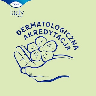 Logo dermatologicznej akredytacji TENA z rysunkiem dłoni trzymającej monety na zielonym tle.