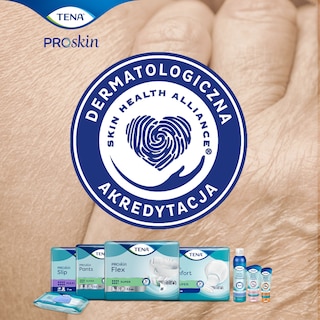 Produkty TENA z dermatologiczną akredytacją Skin Health Alliance na tle skóry.