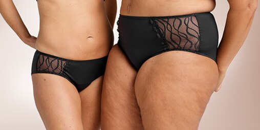 Zwei Frauen stehen einander gegenüber. Die eine trägt TENA Silhouette waschbare Unterwäsche als klassischen Slip und die andere als Hüftslip.