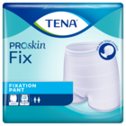 Opakowanie majtek mocujących TENA ProSkin Fix, bezszwowe i wygodne, z ikonami dla kobiet i mężczyzn.