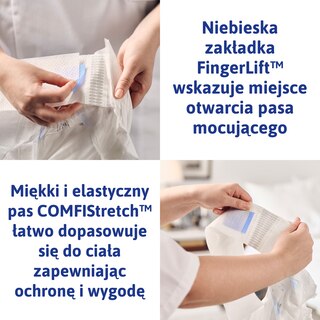 Niebieska zakładka FingerLift™ ułatwia otwieranie pasa TENA, zapewniając wygodę i ochronę dzięki elastycznemu pasowi COMFISTretch™.