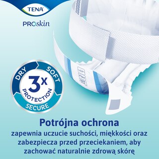 Ochrona TENA z potrójną ochroną przed przeciekaniem, zapewniająca komfort i suchość.