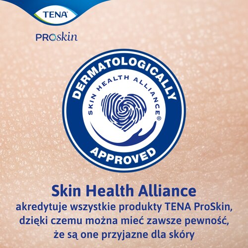Certyfikat Skin Health Alliance na tle skóry, potwierdzający jakość produktów TENA.