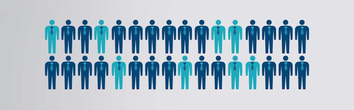 Illustrated icon showing 8 out of 32 men in a lighter shade of blue