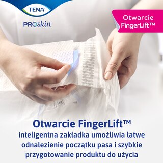 Ręce trzymające produkt TENA z tekstem o nowej technologii FeelDry™ dla lepszej ochrony przed wilgocią.