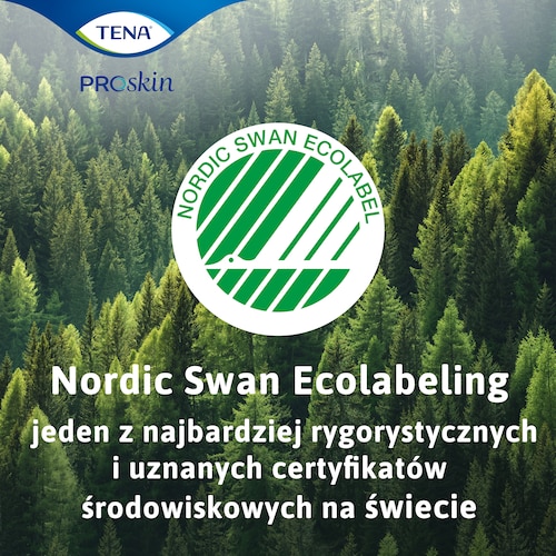 Nordic Swan Ecolabel na tle lasu, certyfikat środowiskowy TENA ProSkin, podkreślający zrównoważony rozwój.