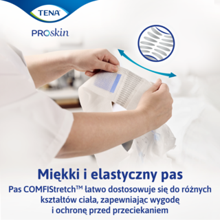 Miękki i elastyczny pas TENA zapewnia wygodę i ochronę przed przeciekaniem, idealny dla osób z nietrzymaniem moczu.
