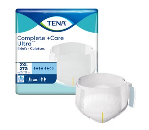 Product illustration together with the pack of TENA Complete +Care Ultra briefs