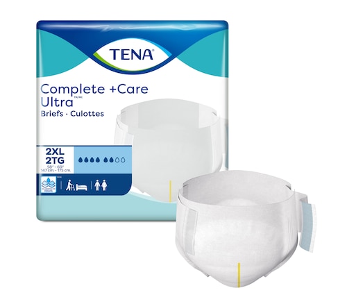 Product illustration together with the pack of TENA Complete +Care Ultra briefs