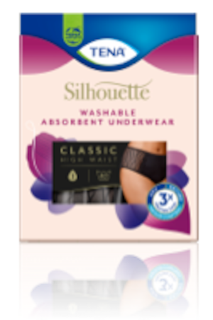 TENA Silhouette Washable Absorbent Underwear hanging on a line to dry with an illustrated blouse and bra hanging on each side. TENA Silhouette Washable Absorbent Underwear hanging on a line to dry with an illustrated blouse and bra hanging on each side.