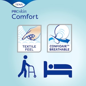 TENA ProSkin Comfort – wykonane z miękkiego w dotyku materiału, oddychające, pieluchy anatomiczne wspomagające utrzymanie zdrowej skóry