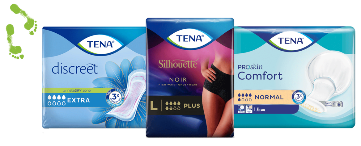 TENA Discreet-, TENA Silhouette Noir- en TENA Proskin Comfort-verpakkingen