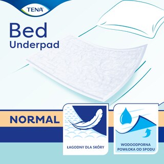 Podkład na łóżko TENA Normal, biały, z logo i informacją o ochronie przed przeciekaniem.