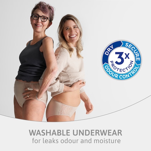 Beige washable absorbent underwear with Triple Protection against leaks, odour and moisture