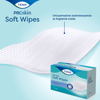 Chusteczki TENA ProSkin Soft Wipes na niebieskim tle, opakowanie z napisem "Uniwersalne zastosowanie w higienie ciała".