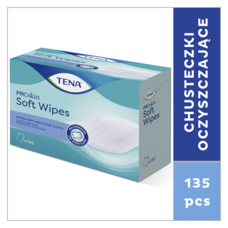 Opakowanie chusteczek TENA ProSkin Soft Wipes, 135 sztuk, z napisem "chusteczki oczyszczające" na niebieskim tle.