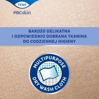 Produkt TENA z etykietą "Dermatologicznie testowane" na tle skóry, podkreślający bezpieczeństwo i komfort użytkowania.