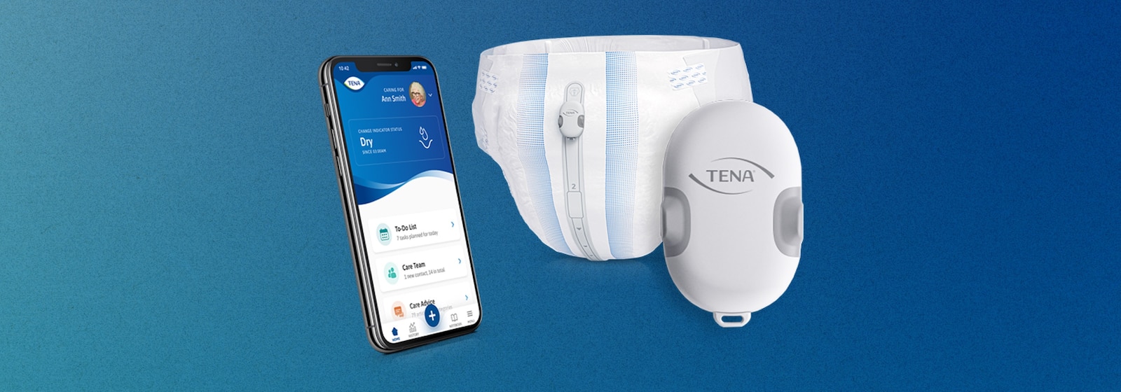 TENA SmartCare Indicator sensor strip and transmitter on an incontinence product. 
