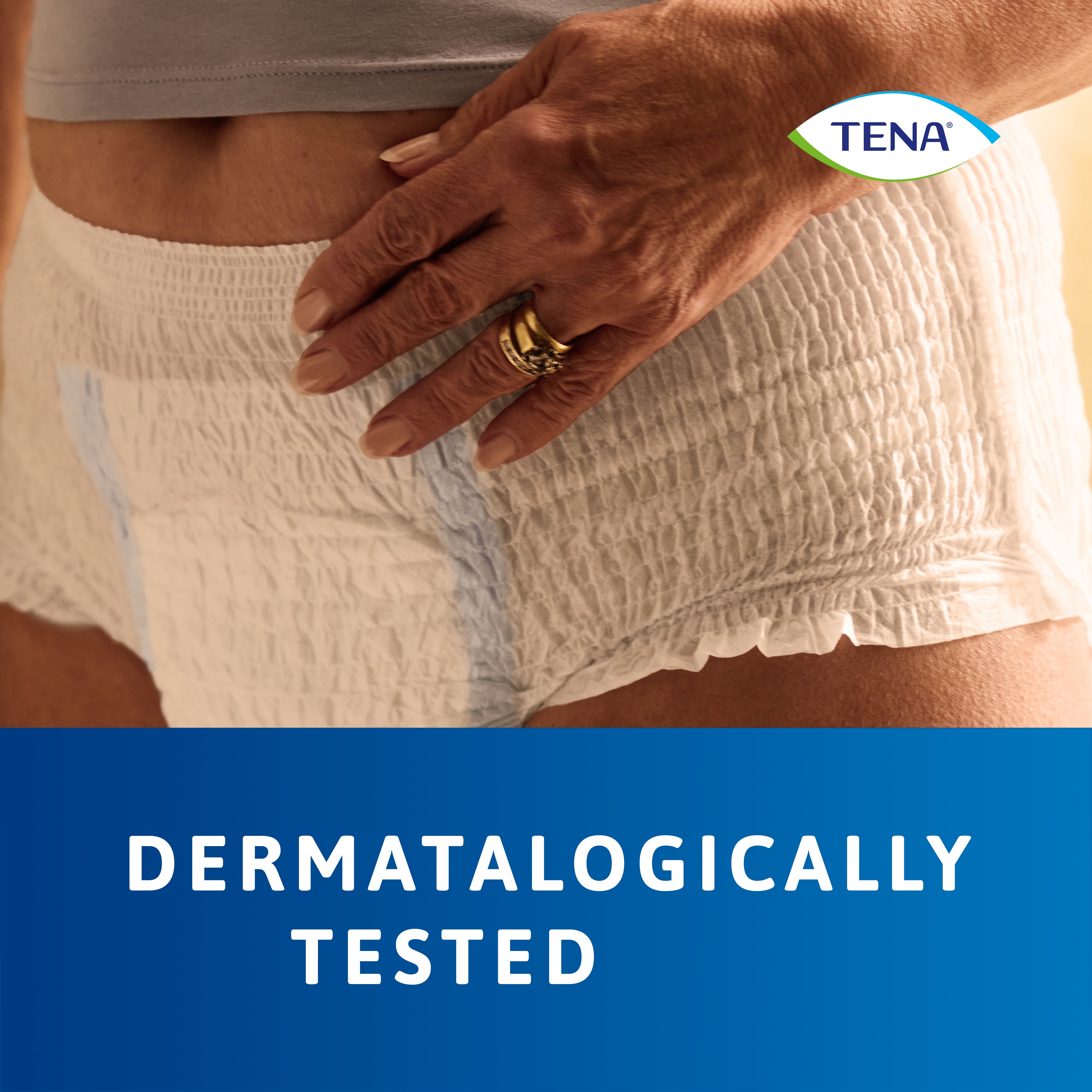 Close up image of the dermatologically tested TENA Pants protect+ on person