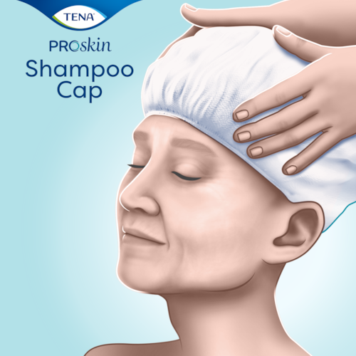 TENA Proskin Shampoo Cap in use
