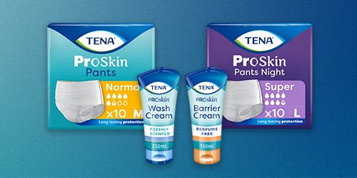 Image showing packaging of TENA ProSkin Pants Normal, TENA ProSkin Pants Night, TENA ProSkin Wash Cream and TENA ProSkin Barrier Cream