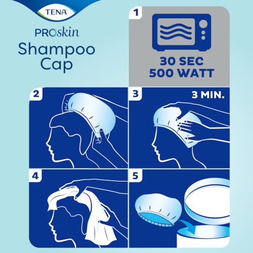Uždėkite „TENA Shampoo Cap“ šampūno kepurę ant sausų plaukų ir masažuokite 3 minutes 