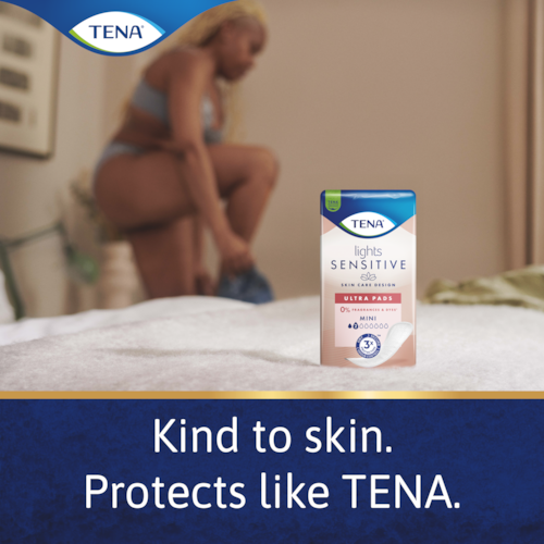 TENA Lights Sensitive Normal pad displayed with a woman putting on clothes, with the caption "kind to skin. Protects like TENA" 