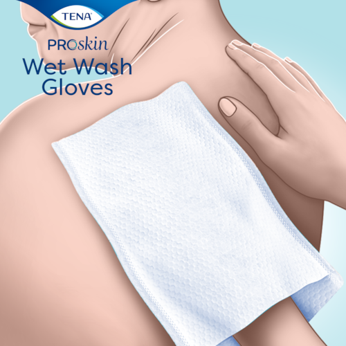 A TENA ProSkin nedves mosdatókesztyű szappan és víz nélkül végzett napi tisztálkodáshoz ajánlott
