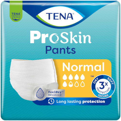 Balenia produktov TENA Pants normal, TENA Pants night, krém so zinkom TENA Zinc Cream a TENA Barrier Cream stojace vedľa seba.  