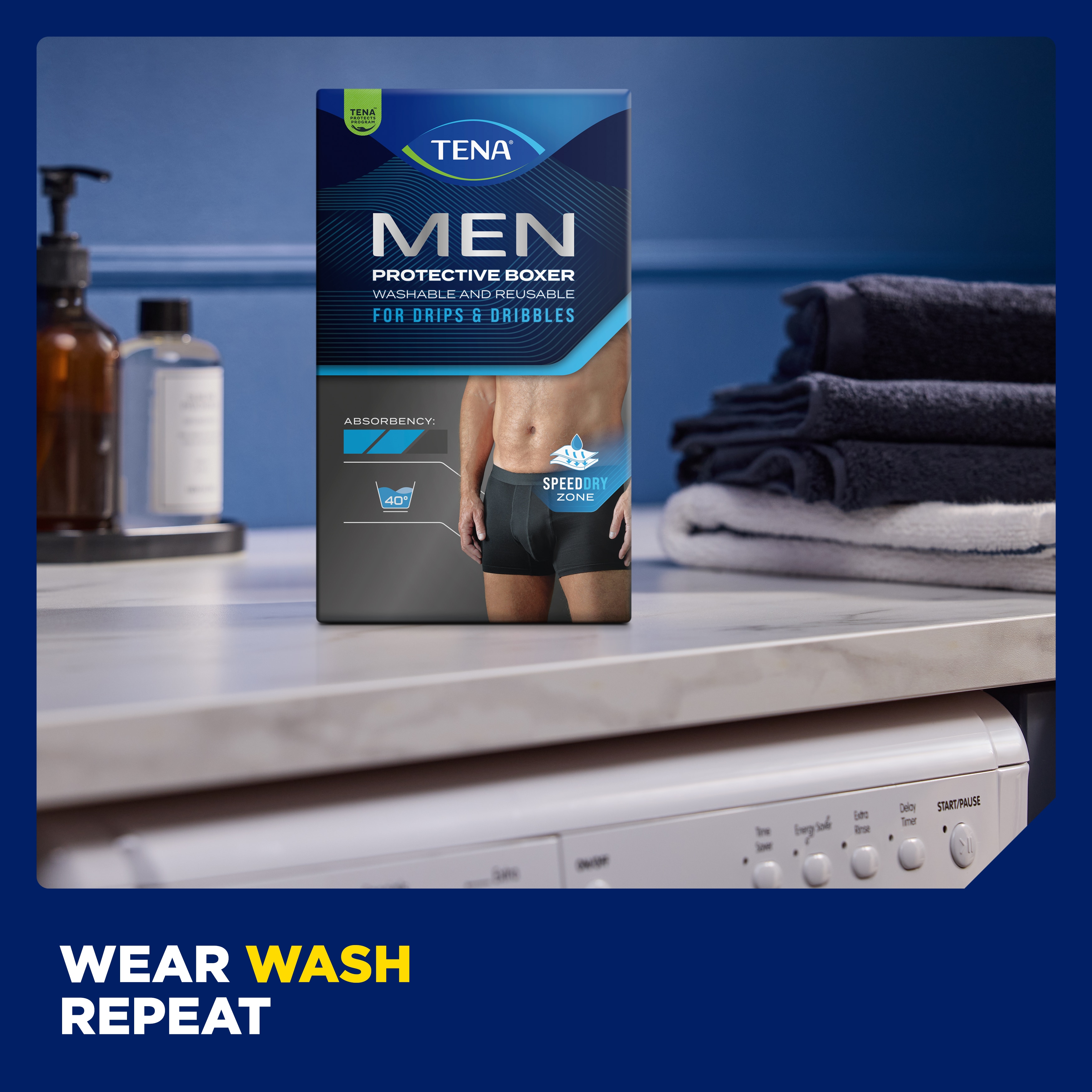 Använd, tvätta och använd igen. Tvätta inkontinensskyddet från TENA Men i 40&nbsp;ºC