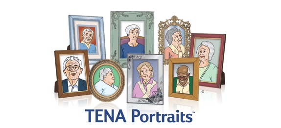 Image animée de cadres photo avec des motifs de personnes et le texte « TENA Portraits ».