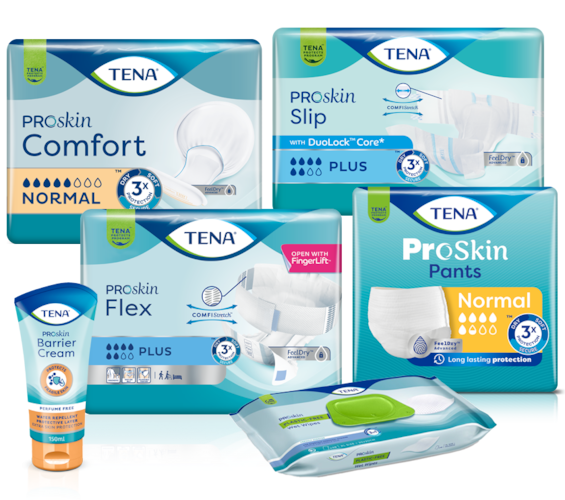 The TENA ProSkin range includes TENA absorbent products, TENA Wet Wipes and TENA Barrier Cream.
