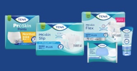 A selection of TENA ProSkin incontinence products and TENA skin care products