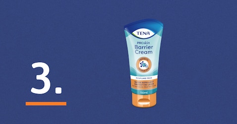 An image showing TENA ProSkin Barrier Cream beside the number 3. The number 3 represents ‘dryness’ - the third step in TENA’s 3-Step skin health solution.