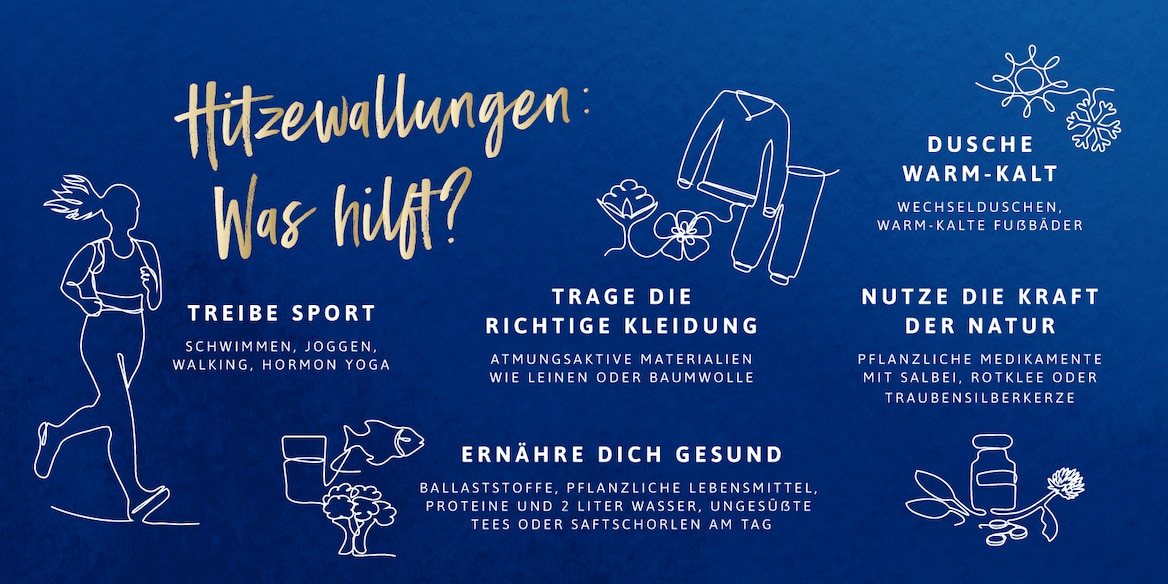Illustration zu wirksamen Massnahmen gegen Hitzewallungen, z. B. Sport, gesunde Ernährung oder Wechselduschen