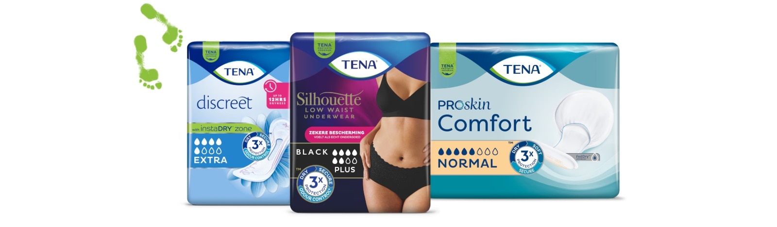 Verpakking van TENA Silhouette-ondergoed, TENA Discreet-verband en TENA ProSkin Comfort