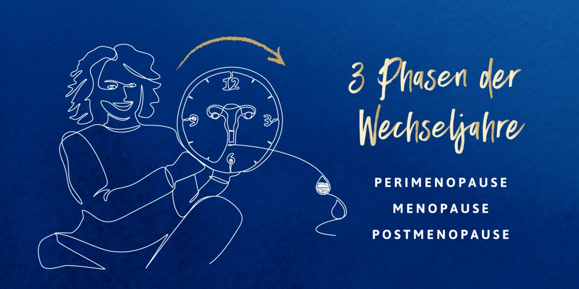 Illustration zu den 3 Phasen der Wechseljahre: Perimenopause, Menopause, Postmenopause