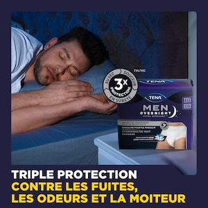 La culotte de nuit TENA Men Overnight Extra Coverage offre une triple protection contre les fuites, les odeurs et la moiteur.