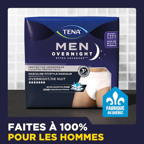 La culotte de nuit TENA Men Overnight Extra Coverage<sup>MC</sup> est entièrement conçue pour les hommes. 