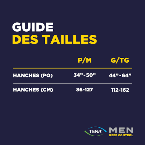 Guide des tailles pour la culotte de nuit TENA Men Overnight Extra Coverage<sup>MC</sup>