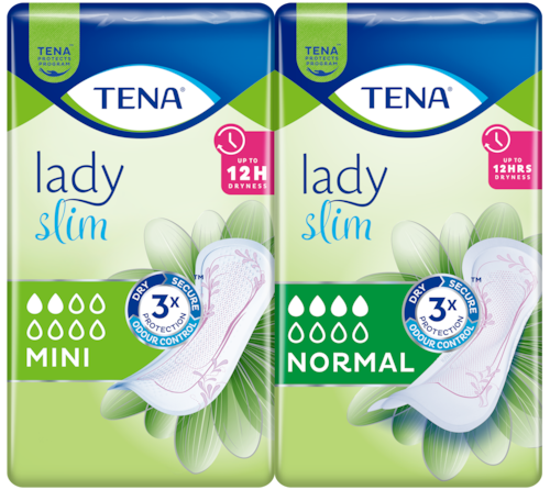 Balenie TENA Lady Slim Mini a balenie TENA Lady Slim Normal stoja vedľa seba. Balenie TENA Lady Slim Mini a balenie TENA Lady Slim Normal stoja vedľa seba.