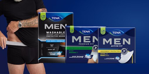Man in black underwear next to three TENA MEN products: Washable Boxer, Premium Fit Underwear Maxi, and Active Fit Absorbent Protector Level 3.